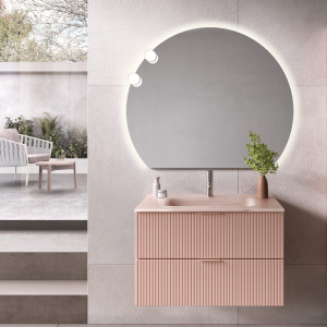 LINE COMPOSITION MEUBLE 80 CM AVEC LAVABO EN VERRE SATINÉ ROSE MAT AVEC MIROIR ROND