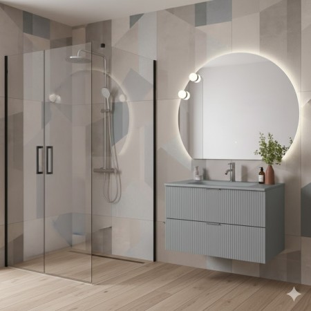 LINE COMPOSITION MEUBLE 100 CM AVEC LAVABO EN VERRE SATINÉ GRIS MAT AVEC MIROIR ROND