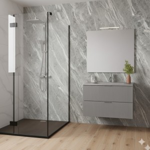 LINE COMPOSITION MEUBLE 80 CM AVEC LAVABO EN VERRE SATINÉ GRIS MAT AVEC MIROIR RECTANGULAIRE