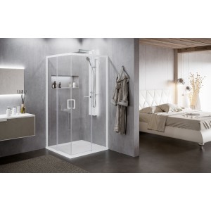 NOVELLINI ZEPHYROS 2.0 A - ANGLE 2 PORTES COULISSANTES + 2 FIXES PROFILE CHROMÉ VERRE TRANSPARENT